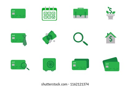 Business vector icon set consisting of money, finance, payments, credit card.  Vector  green credit card icon set isolated on white background