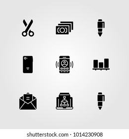 Business vector icon set. email, smartphone, fountain pen and scissors