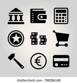 Business vector icon set. euro, wallet, bank and coin