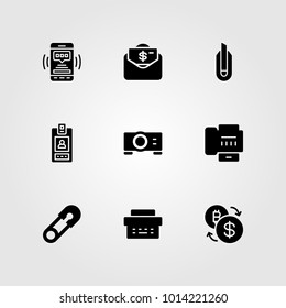 Business vector icon set. exchange, smartphone, id card and cutter