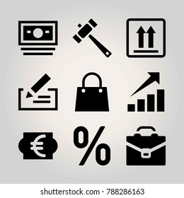 Business vector icon set. hammer, profits, package and persentage