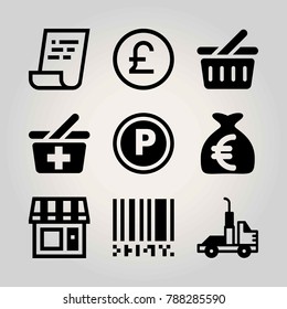 Business vector icon set. invoice, house, shop and money bag