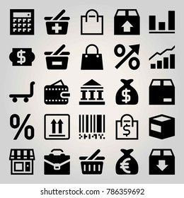 Business vector icon set. money bag, percentage, shopping basket and shopping bag
