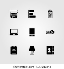 Business vector icon set. notebook, lamp, smartphone and laptop