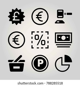 Business vector icon set. pound , shopping basket, euro and hammer
