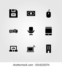 Business vector icon set. projector, money, laptop and building