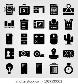Business vector icon set. projector, trash, file and desk