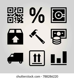 Business vector icon set. scan, analutics, truck and coin