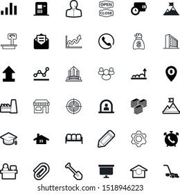 business vector icon set such as: academic, alarm, message, cap, savings, container, reminder, file, letter, structure, college, workplace, paperclip, pen, lawn, markers, community, care, label, pin