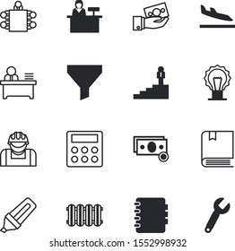 business vector icon set such as: notebook, strategy, fast, dictionary, power, group, new, goals, start, electronic, conversion, clock, sheet, income, customer, arrival, debt, airport, interval