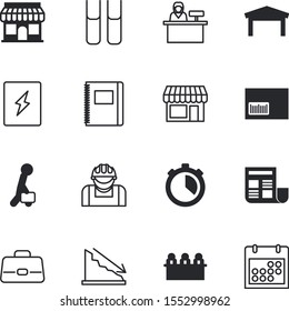 business vector icon set such as: science, repairman, timer, message, encyclopedia, factory, digital, table, showcase, application, cargo, presentation, storefront, female, bar, negative, barcode
