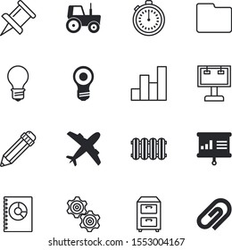 business vector icon set such as: flight, grow, promotion, project, rural, filling, economy, lightbulb, mechanism, landing, success, jet, shiny, billboard, economic, tractor, write, outdoor, closeup
