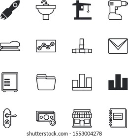 business vector icon set such as: teacher, single, notepad, tower, blank, magnifying, app, vault, staple, shop, San Francisco, loud, instrument, attached, home, industrial, spaceship, travel
