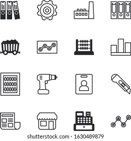 business vector icon set such as: coal, manufacturing, register, pie, pen, panel, storefront, cafe, technical, exam, histogram, production, showing, commercial, urban, analytics, pollution, stamp