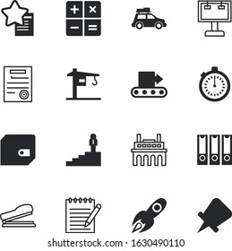 business vector icon set such as: stopwatch, product, license, responsive, street, businessman, guest, stamp, lift, pencil, notepad, fire, icons, production, tools, progress, contract, goals, feature