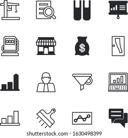 business vector icon set such as: literature, employee, liquid, filter, pointing, woman, inspiration, detective, economic, vintage, station, touch, call, storefront, light, bright, work, chemical