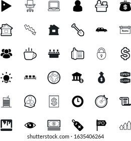 business vector icon set such as: salary, idea, reataurant, departure, cross, laptop, page, handle, tool, music, coverage, old, banner, employer, wireless, hall, reduction, green, armchair, lamp