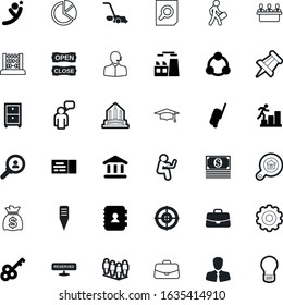 business vector icon set such as: operator, reaching, factory, strategy, private, lamp, learn, master, pepper, classic, arrow, contacts, mowing, leaf, secret, bulb, transmission, knowledge, math