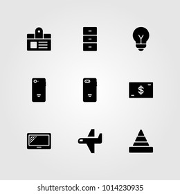 Business vector icon set. tablet, light bulb, id card and airplane