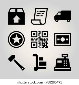 Business vector icon set. trolley, truck, scan and hammer