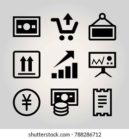 Business vector icon set. yen, sign, presentation and package