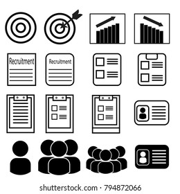 Business vector icon set.goal and target icon.bar chart icon,recruitment icon,name board icon.single person and multi person icon.