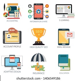 business vector icons collection of Accounting, Information Share, E-Learning, Account Profile, Email Message, Design, Insurance, Education.  Design Business elements for mobile and web applications.