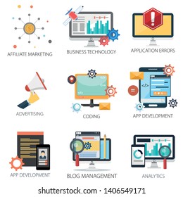 business vector icons collection of Affiliate Marketing, Business Technology, Errors, Advertising, Coding, App Development, Analytics and Blog Management. Design Business elements. mobile and web app business vector icons collection of Affiliate Marketing, Business Technology, Errors, Advertising, Coding, App Development, Analytics and Blog Management. Design Business elements. mobile and web app