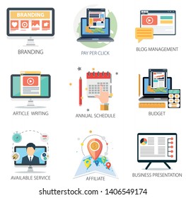 business vector icons collection of Branding, Pay Per Click, Business Presentation, Annual Schedule, Article Writing, Service and Budget.  Design Business elements for mobile and web applications.