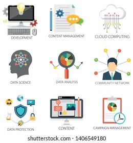 business vector icons collection of Cloud Computing, Development, Content Management, Data Science, Data Analysis and Data Protection. Design Business elements for mobile and web applications. business vector icons collection of Cloud Computing, Development, Content Management, Data Science, Data Analysis and Data Protection. Design Business elements for mobile and web applications.