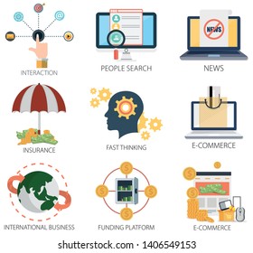 business vector icons collection of Interaction, People Search, News, Insurance, Thinking, E-Commerce, International Business and Funding Platform. Design Business elements for mobile. web business vector icons collection of Interaction, People Search, News, Insurance, Thinking, E-Commerce, International Business and Funding Platform. Design Business elements for mobile. web