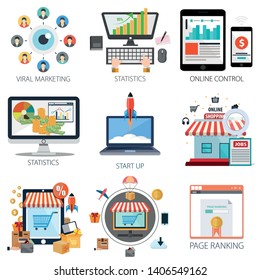 business vector icons collection of Shopping, Viral Marketing, Statistics, Online Control, Start Up and Page Ranking. Design Business elements for mobile and web applications. business vector icons collection of Shopping, Viral Marketing, Statistics, Online Control, Start Up and Page Ranking. Design Business elements for mobile and web applications.