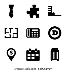 business vector icons. Set of 9 business filled icons such as d letter, tie, desk phone, cargo container, harbor, plan, calendar, dollar location