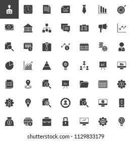 Business vector icons set, modern solid symbol collection, filled style pictogram pack. Signs, logo illustration. Set includes icons as Clock, Contract, Planning, Tie, Money, Bank, Diagram, Analysis