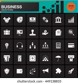 Business vector icons set, modern solid symbol collection, pictogram pack isolated on black, pixel perfect logo illustration