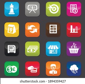 Business vector icons for user interface design. Colored buttons on a dark background