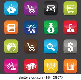 Business vector icons for user interface design. Colored buttons on a dark background