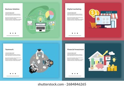 Ilustración vectorial de negocios con Elementos de tecnología abstracta, incluyendo finanzas, páginas de Web e interfaz futurista. Ideal para contenidos de tecnología e innovación digital.
