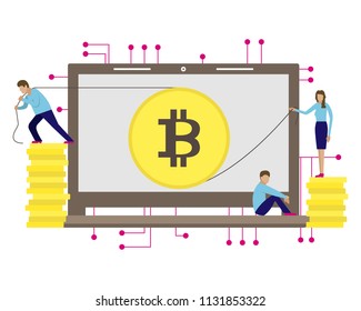 Business vector illustration of the bitcoin mining. Little men get bitcoin.