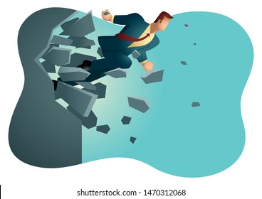 Business vector illustration of a businessman breaking the wall. Business, breakthrough, success, challenge concept.