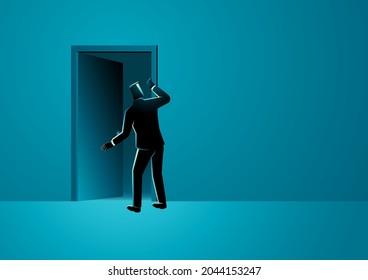 Business vector illustration of a businessman curiously peeked into the dark room