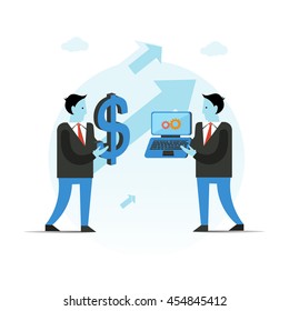 Business vector illustration. Businessman holding big dollar sign and laptop. Pay for work concept. Idea trading for money.