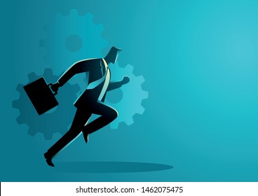 Business  vector illustration of a businessman running with briefcase, business on the move, energetic, dynamic concept.
