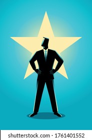 Business vector illustration of a businessman standing with glowing star on his background
