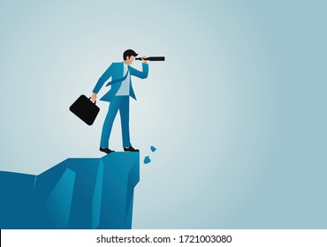 business vector illustration of a businessman using telescope on graphic chart. Concept for forecast, prediction, success, planning in business