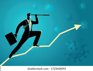 Business vector illustration of a businessman using telescope on graphic chart with covid-19 on the background. Covid-19 impacts to business