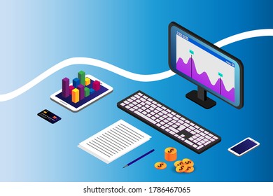 Business vector illustration with computer, tablet, smartphone, documents, bank card, graphics and coins. Abstract gradient blue background with place for your text