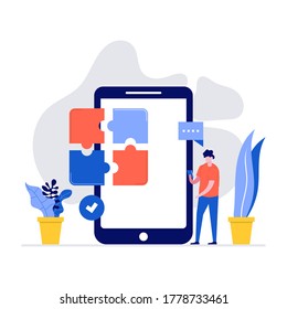 Business vector illustration concept with characters and puzzle. Modern vector illustration in flat style for landing page, mobile app, poster, flyer, template, web banner, infographics, hero images.