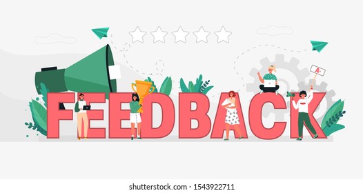 Business vector illustration concept with customer reviews and ratings for a modern, trendy web banner. A team of people is standing near the text with a laptop, letter, award and loudspeaker. 