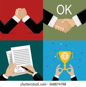 business  vector illustration flat design: success celebration victory, handshake, opposition, signing of the agreement. Concept of leadership, partnership, teamwork, confrontation in  business, law